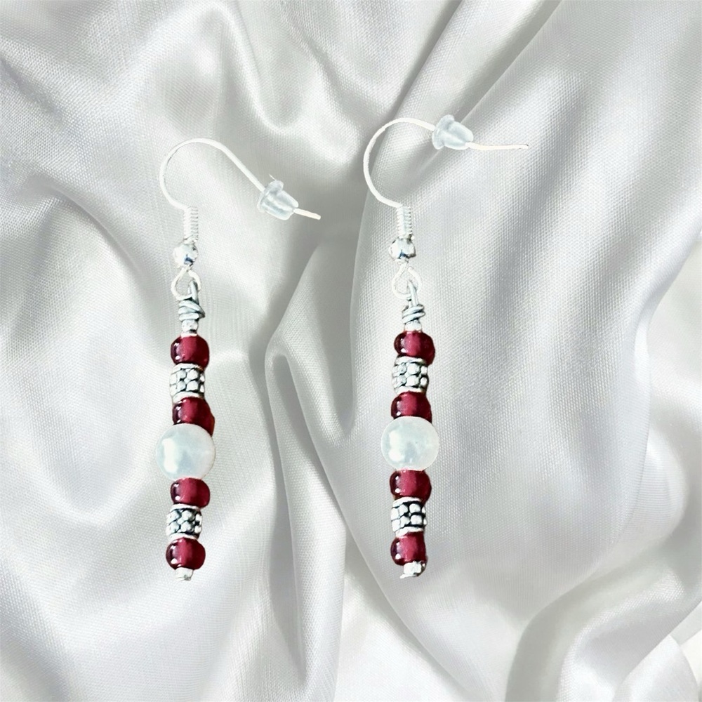 HANDMADE! FESTIVE SILVER AND RED DANGLE EARRINGS
